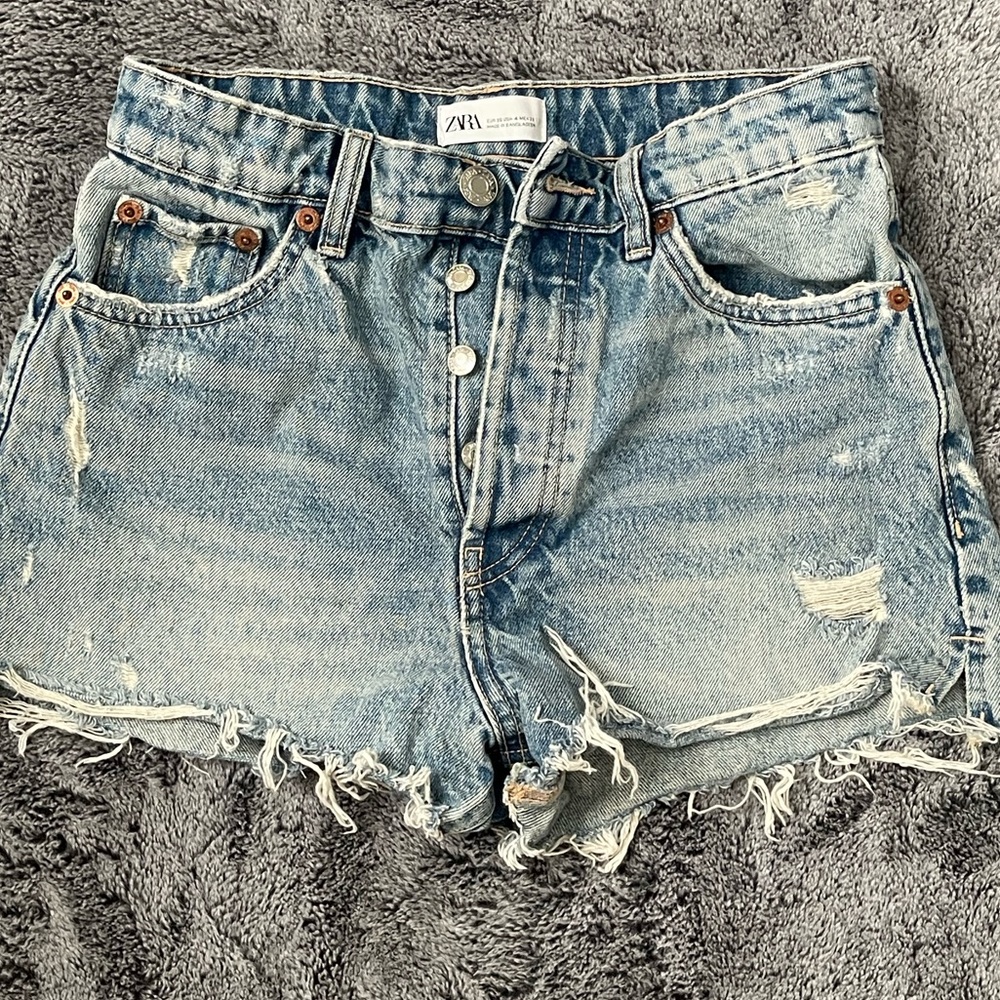 Zara Light Blue Frayed Jean Shorts